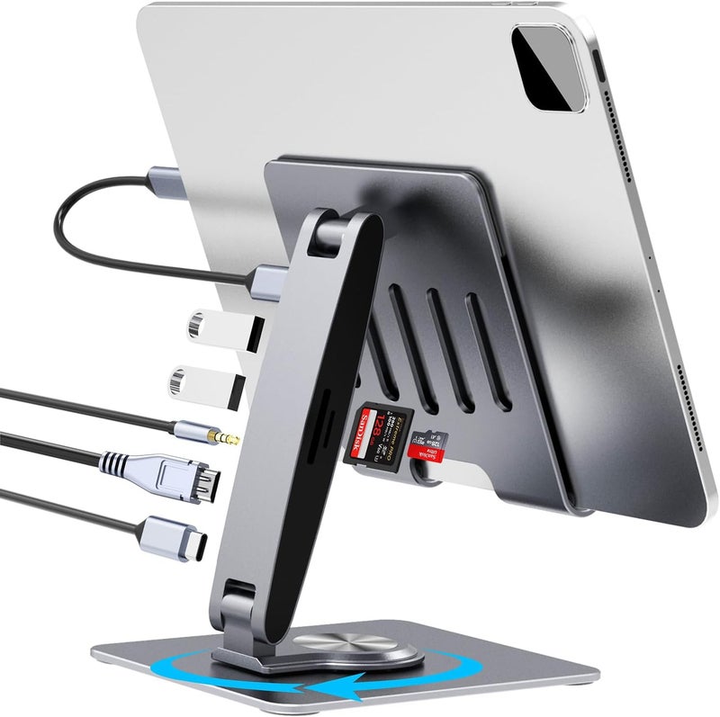 HC Adjustable Tablet Stand with USBC Hub 7-in-1, Aluminum Tablet Holder with Docking Station, 360° Swivel Base, 4K HDMI, 100W PD Charging, USB 3.0, SD/TF Reader, 3.5mm Audio, for iPad with USB-C Port - Image 1